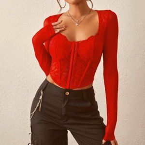 Sincerely Jules Red Corset Crop Top with Transparent Sleeve Size S/P